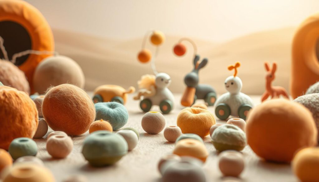 A whimsical, playful scene of Filzmobiles, handcrafted felt objects designed to encourage motor development in babies. In the foreground, a collection of colorful, abstract shapes and textures invites tactile exploration - rounded, bulbous forms in shades of ochre, terracotta, and sage green. In the middle ground, the Filzmobiles are arranged in a dynamic, interactive display, their organic contours and gentle movements capturing the attention of a curious infant. The background features a soft, dreamlike landscape, with muted hues and a sense of gentle, soothing calm. Warm, natural lighting illuminates the scene, creating a nurturing, inviting atmosphere that promotes sensory engagement and motor skill development.