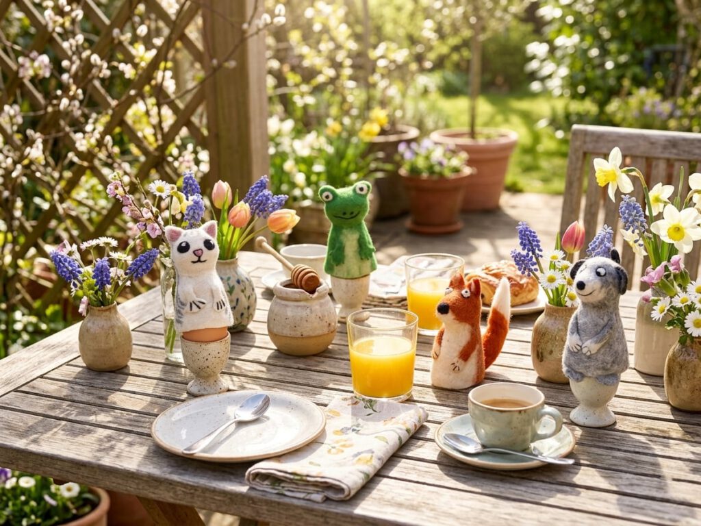 Eierwärmer aus Filz auf einem Frühstückstisch